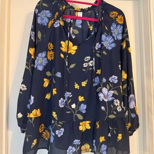 Old Navy Navy Blouse with Yellow & Lavender Floral Print